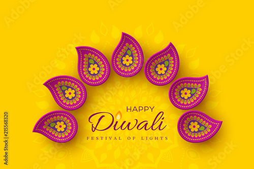 Diwali festival holiday design with paper cut style of Indian Rangoli. Purple color on yellow background, vector illustration.