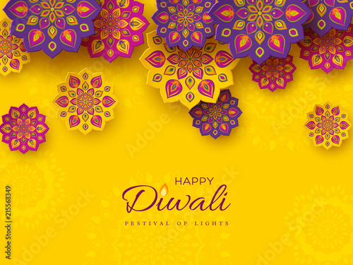 Diwali festival holiday design with paper cut style of Indian Rangoli. Purple, violet color on yellow background, vector illustration.