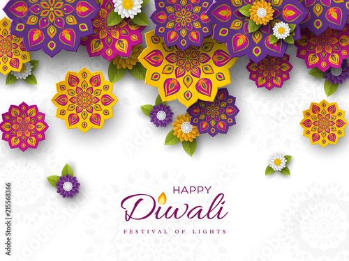 Diwali festival holiday design with paper cut style of Indian Rangoli and flowers. Purple, violet, yellow colors on white background, vector illustration.