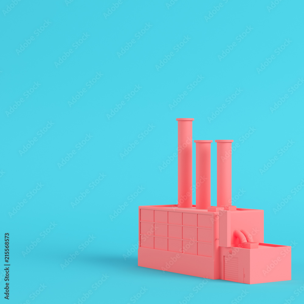 Pink factory on bright blue background in pastel colors Pink factory on bright blue background in pastel colors