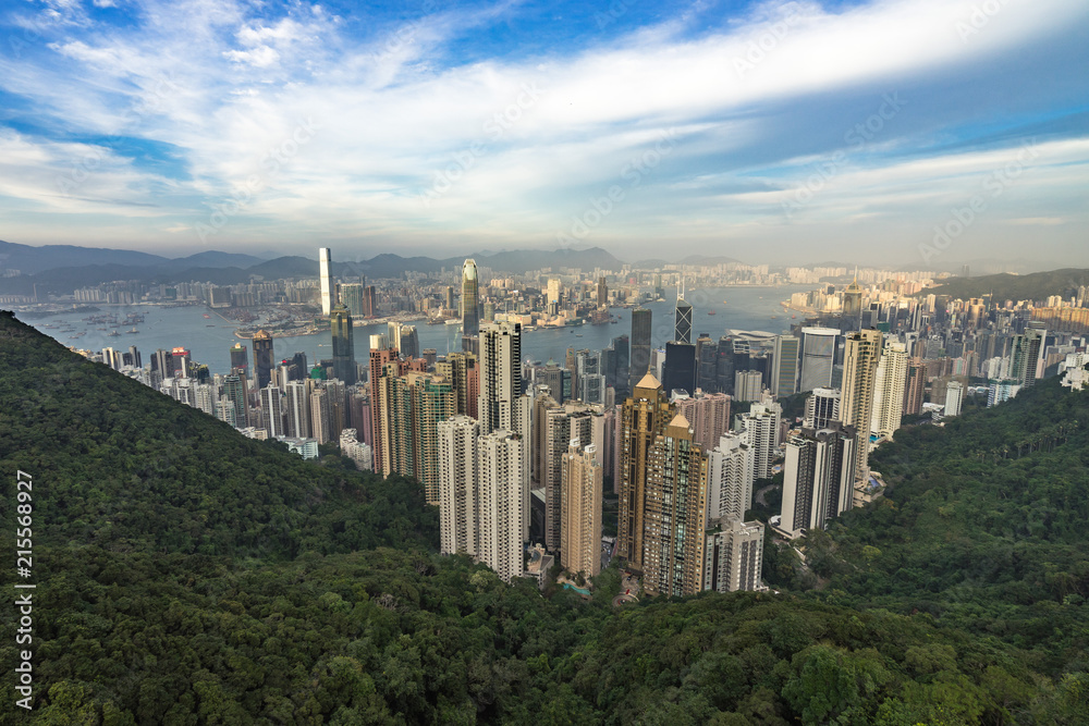 Wide panorama of Hong Kong and Victoria Harbor from The Peak