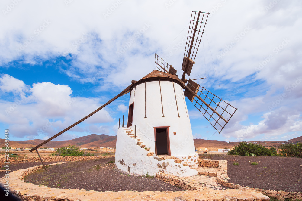 View of the mill in the center of interpretation of the mills in the town of Tiscamanita on the island of Fuerteventura, Canary Islands, Spain.
