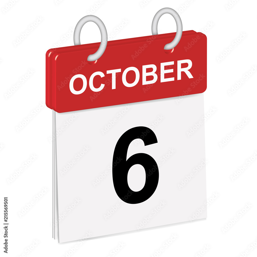 Daily single-leaf calendar, red spine, 3d, month of October,sixth day,6th.Vector,illustration Daily single-leaf calendar, red spine, 3d, month of October,sixth day,6th.Vector,illustration