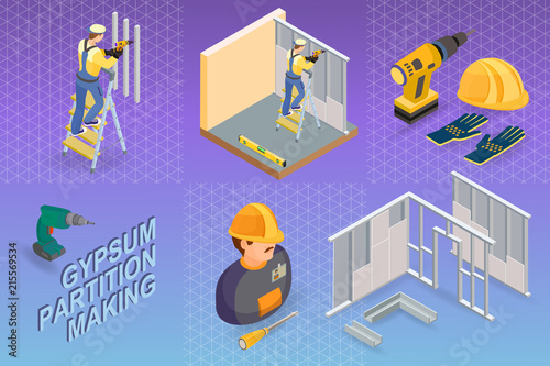 Gypsum partition making.  Isometric concept. Worker, equipment.