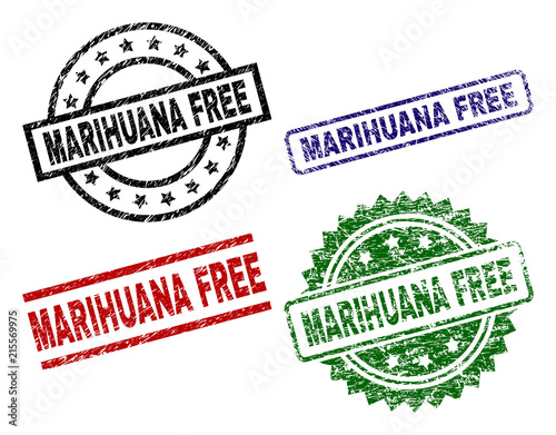 MARIHUANA FREE seal prints with corroded style. Black, green,red,blue vector rubber prints of MARIHUANA FREE label with corroded style. Rubber seals with round, rectangle, medal shapes.
