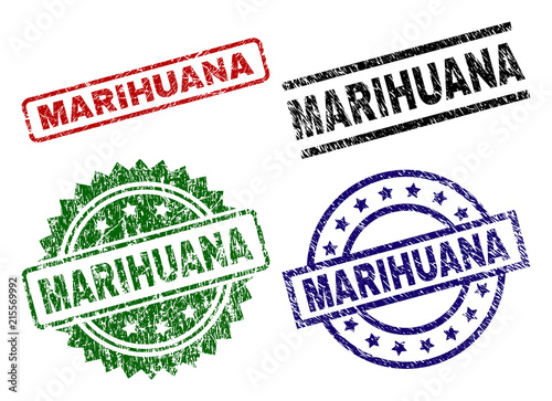 MARIHUANA seal prints with distress texture. Black, green,red,blue vector rubber prints of MARIHUANA title with scratched texture. Rubber seals with round, rectangle, rosette shapes.