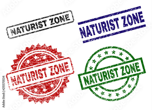 NATURIST ZONE seal prints with damaged texture. Black, green,red,blue vector rubber prints of NATURIST ZONE tag with grunge surface. Rubber seals with round, rectangle, rosette shapes.