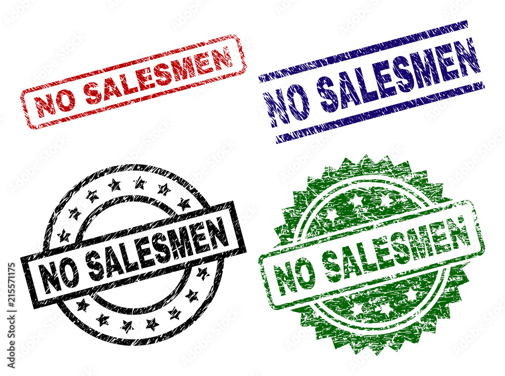 NO SALESMEN seal stamps with corroded surface. Black, green,red,blue vector rubber prints of NO SALESMEN caption with corroded surface. Rubber seals with round, rectangle, medal shapes. NO SALESMEN seal stamps with corroded surface. Black, green,red,blue vector rubber prints of NO SALESMEN caption with corroded surface. Rubber seals with round, rectangle, medal shapes.