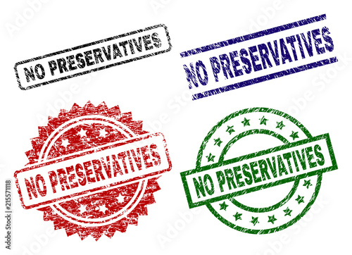 NO PRESERVATIVES seal prints with corroded surface. Black, green,red,blue vector rubber prints of NO PRESERVATIVES tag with corroded surface. Rubber seals with circle, rectangle, medallion shapes.