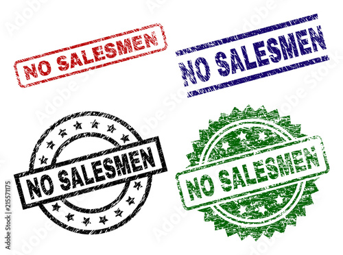 NO SALESMEN seal stamps with corroded surface. Black, green,red,blue vector rubber prints of NO SALESMEN caption with corroded surface. Rubber seals with round, rectangle, medal shapes.