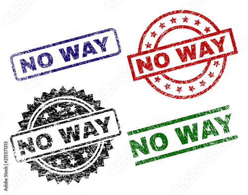 NO WAY seal prints with corroded texture. Black, green,red,blue vector rubber prints of NO WAY text with dirty texture. Rubber seals with circle, rectangle, medal shapes.