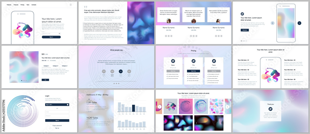 Vector templates for website design, minimal presentations, portfolio with geometric patterns, gradients, fluid shapes. UI, UX, GUI. Design of headers, dashboard, contact forms, features page, blog.