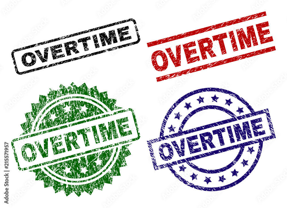 OVERTIME seal stamps with corroded surface. Black, green,red,blue vector rubber prints of OVERTIME title with corroded surface. Rubber seals with circle, rectangle, medal shapes. OVERTIME seal stamps with corroded surface. Black, green,red,blue vector rubber prints of OVERTIME title with corroded surface. Rubber seals with circle, rectangle, medal shapes.