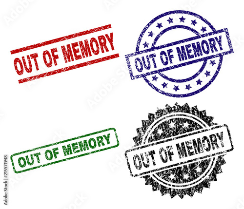 OUT OF MEMORY seal prints with distress surface. Black, green,red,blue vector rubber prints of OUT OF MEMORY label with scratched surface. Rubber seals with circle, rectangle, medal shapes. photo