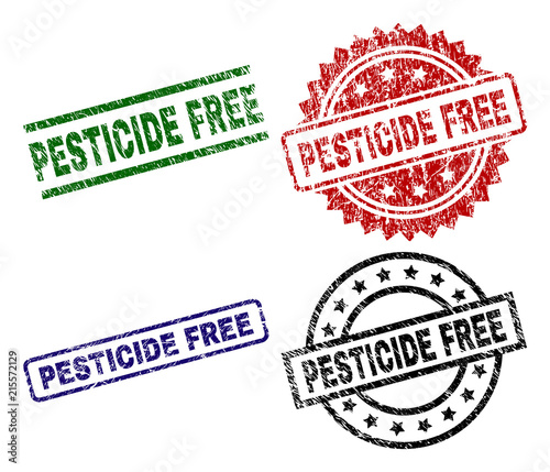 PESTICIDE FREE seal prints with damaged style. Black, green,red,blue vector rubber prints of PESTICIDE FREE label with dust style. Rubber seals with round, rectangle, medallion shapes.