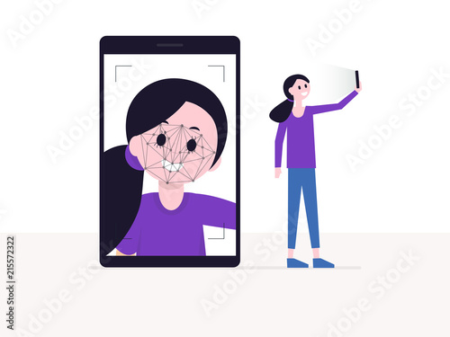 Cartoon girl taking selfie on smartphone