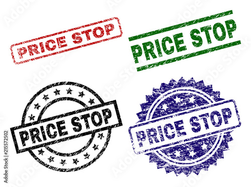 PRICE STOP seal prints with corroded texture. Black, green,red,blue vector rubber prints of PRICE STOP caption with dirty texture. Rubber seals with round, rectangle, medallion shapes.
