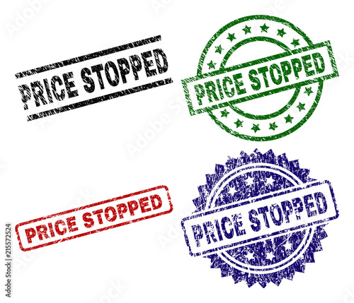 PRICE STOPPED seal prints with distress texture. Black, green,red,blue vector rubber prints of PRICE STOPPED label with grunge texture. Rubber seals with circle, rectangle, medallion shapes.