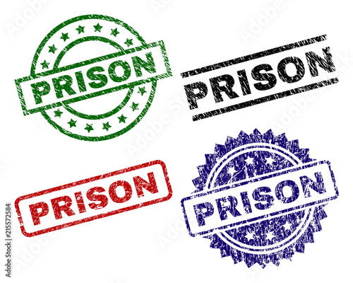PRISON seal prints with damaged style. Black, green,red,blue vector rubber prints of PRISON text with retro style. Rubber seals with round, rectangle, rosette shapes.
