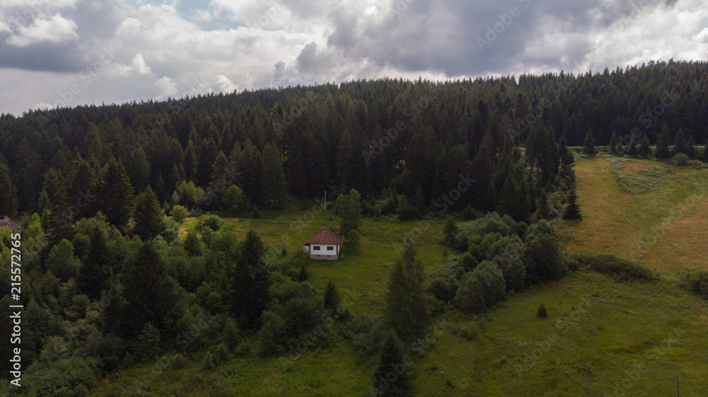 small hut in forest aerial view 