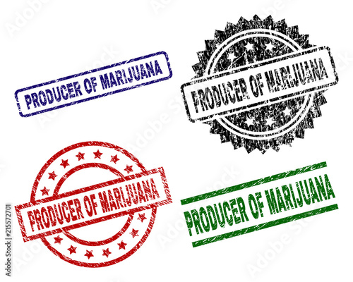 PRODUCER OF MARIJUANA seal imprints with damaged texture. Black, green,red,blue vector rubber prints of PRODUCER OF MARIJUANA tag with corroded texture. Rubber seals with circle, rectangle,