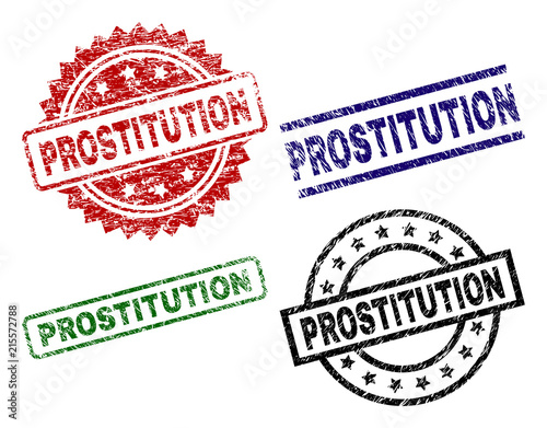 PROSTITUTION seal prints with corroded texture. Black, green,red,blue vector rubber prints of PROSTITUTION caption with corroded texture. Rubber seals with circle, rectangle, medallion shapes.