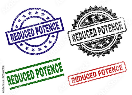 REDUCED POTENCE seal stamps with distress surface. Black, green,red,blue vector rubber prints of REDUCED POTENCE tag with unclean surface. Rubber seals with round, rectangle, rosette shapes.