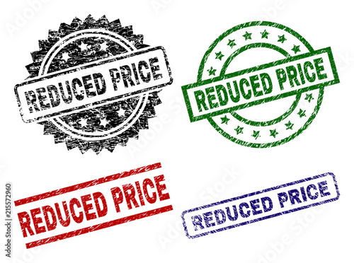 REDUCED PRICE seal prints with corroded texture. Black, green,red,blue vector rubber prints of REDUCED PRICE title with scratched style. Rubber seals with circle, rectangle, medallion shapes.