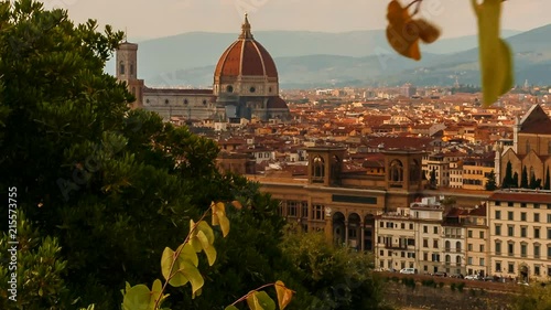 POV shot revealing Florence Old Town, including the Cattedrale di Santa Maria del Fiore, also known as Duomo. Capital of Tuscany, Florence is considered the birthplace of the Renaissance