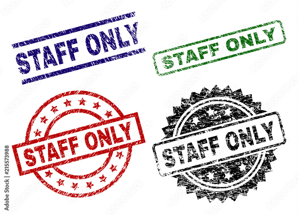 STAFF ONLY seal stamps with corroded style. Black, green,red,blue vector rubber prints of STAFF ONLY label with retro style. Rubber seals with circle, rectangle, rosette shapes. STAFF ONLY seal stamps with corroded style. Black, green,red,blue vector rubber prints of STAFF ONLY label with retro style. Rubber seals with circle, rectangle, rosette shapes.