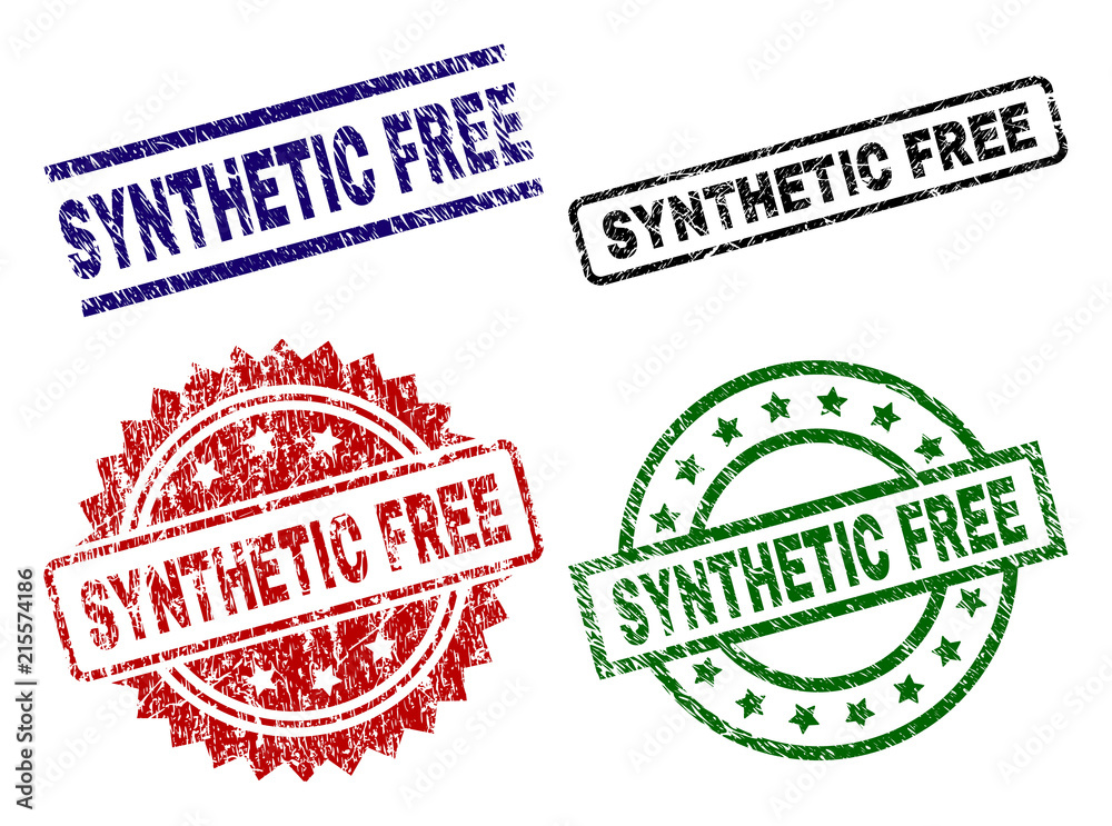 SYNTHETIC FREE seal prints with corroded texture. Black, green,red,blue vector rubber prints of SYNTHETIC FREE title with corroded texture. Rubber seals with circle, rectangle, medal shapes.