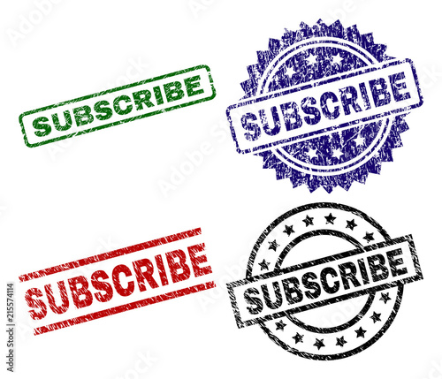 SUBSCRIBE seal prints with distress surface. Black, green,red,blue vector rubber prints of SUBSCRIBE caption with dirty style. Rubber seals with round, rectangle, rosette shapes.