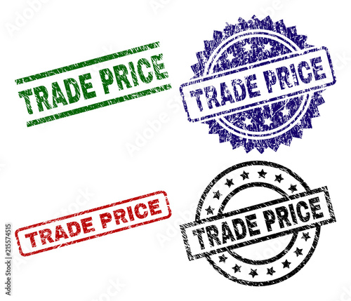 TRADE PRICE seal prints with corroded style. Black, green,red,blue vector rubber prints of TRADE PRICE title with grunge style. Rubber seals with circle, rectangle, medallion shapes.