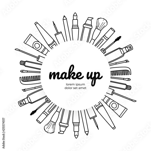 Make up artists logotype. Different types of cosmetics in the circle. Beauty salon. Design template. Black and white doodle illustration