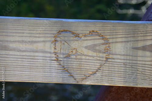 Carved initials on wooden bench
