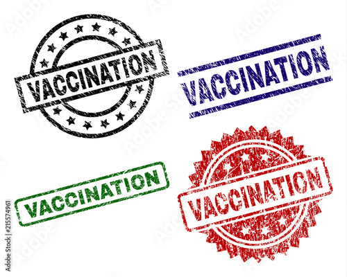 VACCINATION seal prints with damaged style. Black, green,red,blue vector rubber prints of VACCINATION label with dust style. Rubber seals with round, rectangle, rosette shapes.