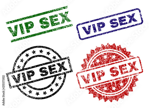 VIP SEX seal prints with distress style. Black, green,red,blue vector rubber prints of VIP SEX title with dirty style. Rubber seals with circle, rectangle, rosette shapes.