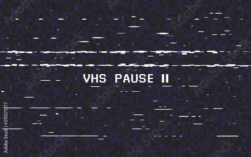 Glitch VHS on black background. Old tape effect. Glitched lines noise. Video recorder pause. Retro backdrop. Vector illustration