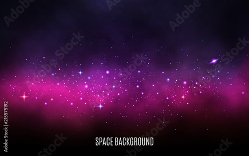 Milky way background. Pink and purple concept. Stardust and shining stars. Colorful galaxy with nebula and stars. Abstract futuristic backdrop. Vector Illustration