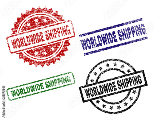 WORLDWIDE SHIPPING seal prints with corroded surface. Black, green,red,blue vector rubber prints of WORLDWIDE SHIPPING text with grunge surface. Rubber seals with round, rectangle, medal shapes.