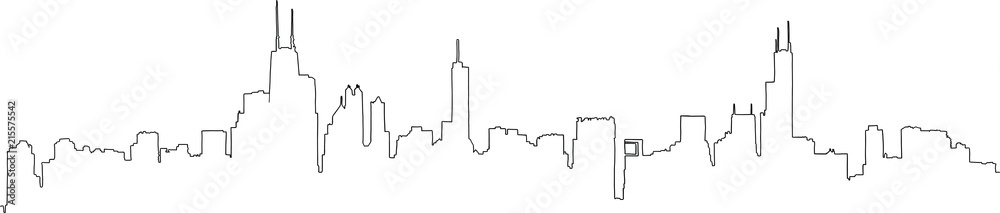 Naklejka premium Jednoliniowy zarys pełnego panoram Chicago, w tym wszystkie słynne zabytkowe wieże. Ręcznie rysowane ilustracji wektorowych.