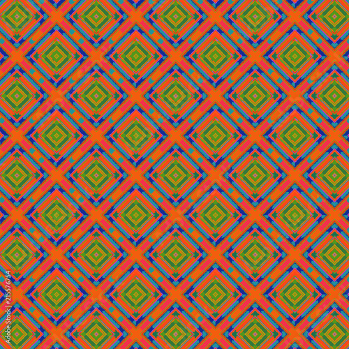 colorful orange, green and blue rhombuses with hand-paining qualities. bright repeating pattern for surface designs, backgrounds, textile and fabric. pattern swatch at the AI file.