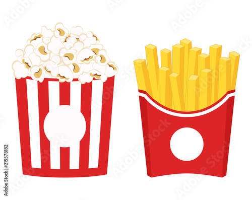 French fries and popcorn clipart. French fries and pop corn in red paper box cartoon.