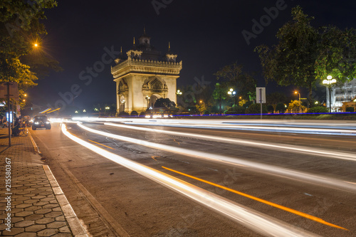 Patuxay Vientiane laos, night cityscape with long exposure © souayang