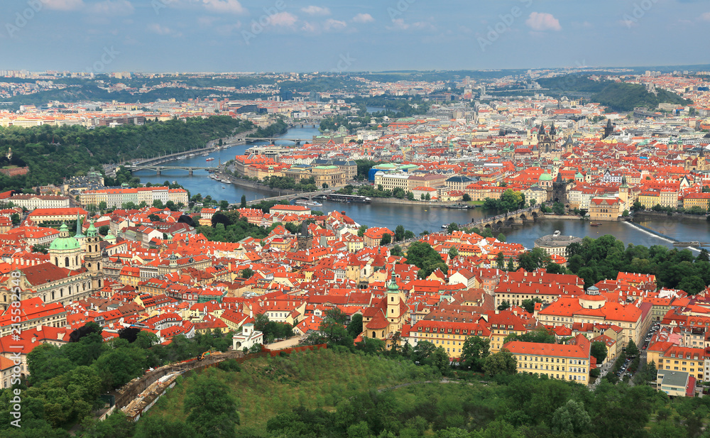 Panoramic aerial view of Charle's bridge and Old town in Prague, Czech Republic