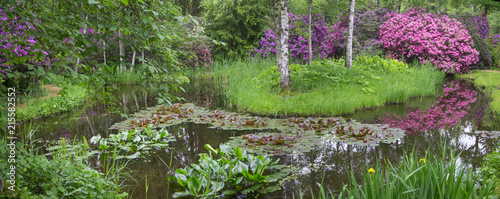 Surreal panorama of a Park with grand multicoloured blooms – water body revealing lovely reflections of the blooms. Lily pads, water lilies, a grass island with slender trees are seen in the pond.