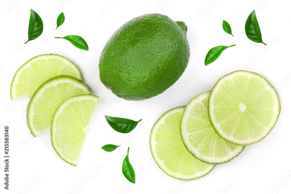 sliced lime with leaves isolated on white background. Top view. Flat lay pattern sliced lime with leaves isolated on white background. Top view. Flat lay pattern