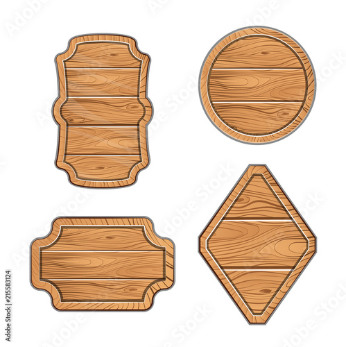 Fototapeta Naklejka Na Ścianę i Meble -  Set of wooden plates. Different form. Isolated. Vintage signs. Place for your text, ad, discounts