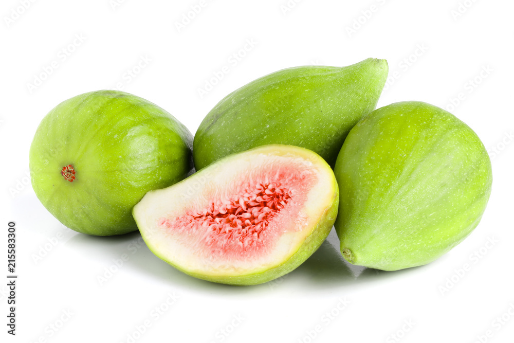 Ripe green fig fruit and half isolated on white background Ripe green fig fruit and half isolated on white background