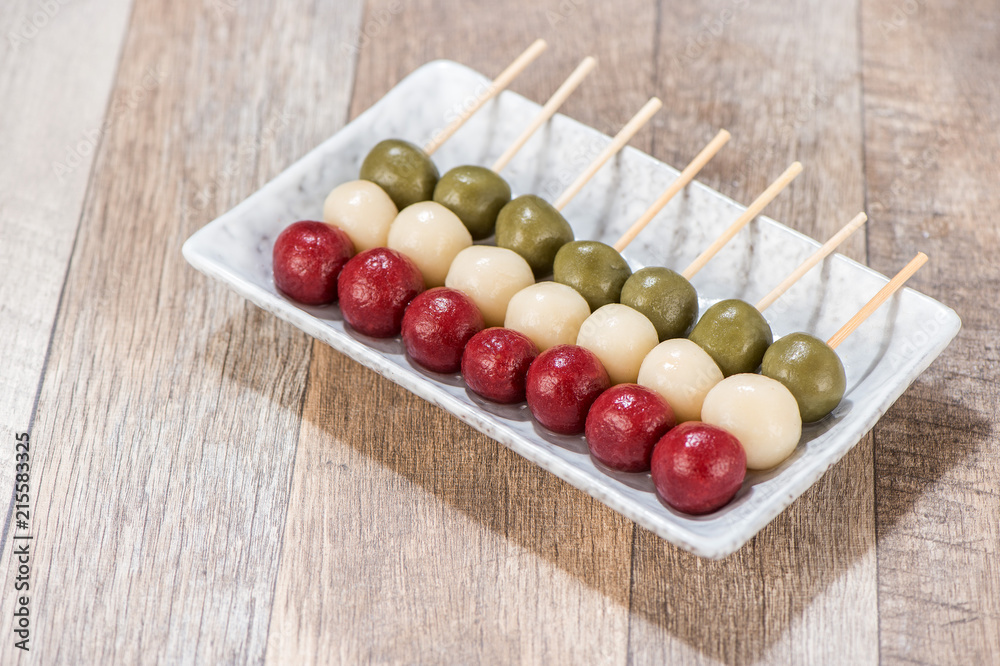 The cooking step of making Japanese Dango dessert with 3 different color in pink(red), white, and green, recipe, hanami Dango, tsukimi Dango, copy space The cooking step of making Japanese Dango dessert with 3 different color in pink(red), white, and green, recipe, hanami Dango, tsukimi Dango, copy space